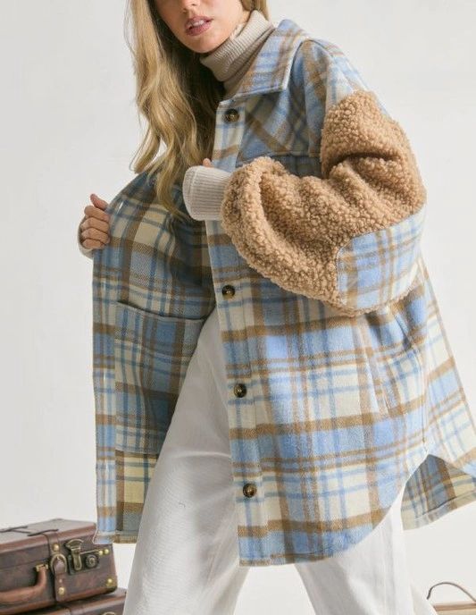 Plaid + Sherpa Jacket in Baby Blue + Camel